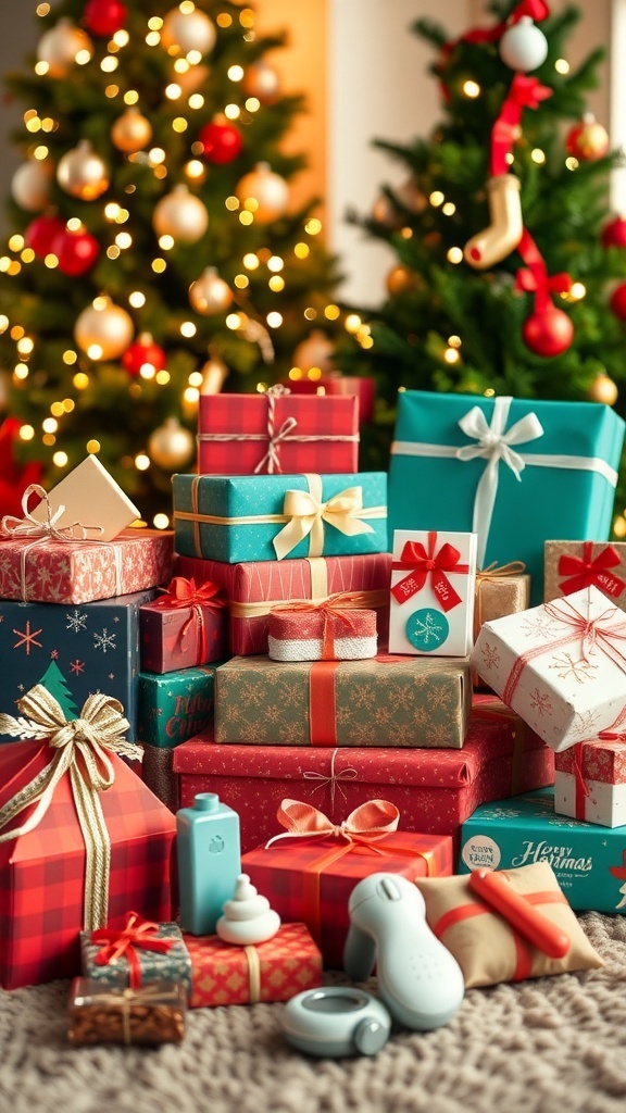 A collection of affordable Christmas gifts, including wrapped presents, blankets, and gadgets, surrounded by holiday decorations.